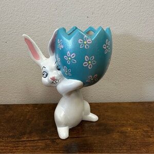 Vintage 1970s Ceramic Easter Bunny Planter Figurine – Hand-Painted Kitsch